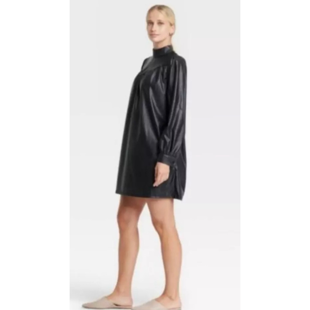 Who What Wear Women's Long Sleeve Black Faux Leather A-Line Dress - Size XL